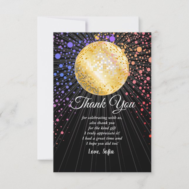 disco party dance party 70s gold disco ball thank you card (Front)