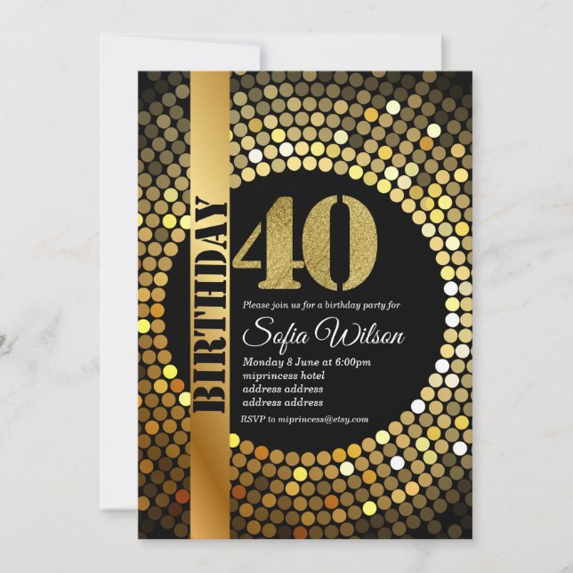 Disco party, gold, 70s, birthday party invitation (Front)