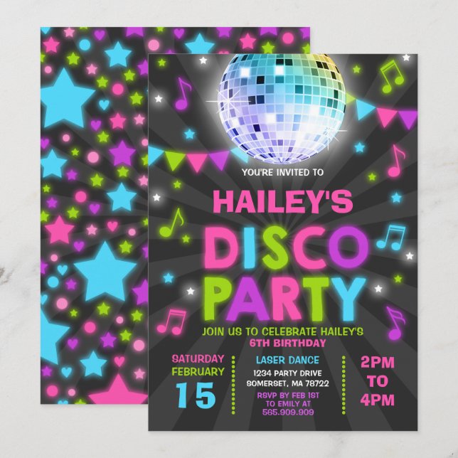 Disco Party Invitation Glow Disco Party Invite (Front/Back)
