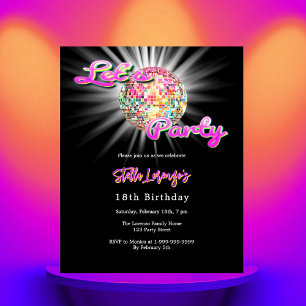 Disco party pink black birthday invitation