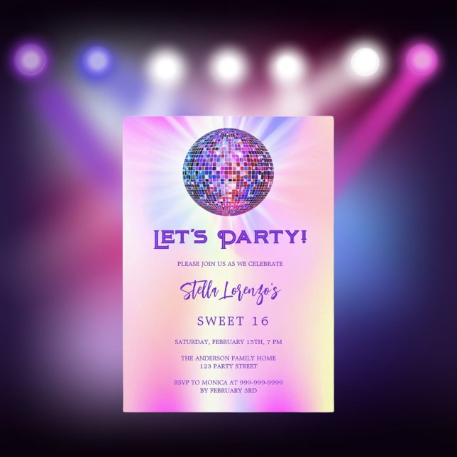 Disco party pink holographic Sweet 16 Invitation (Creator Uploaded)