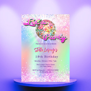 Disco party pink mint green holographic birthday invitation