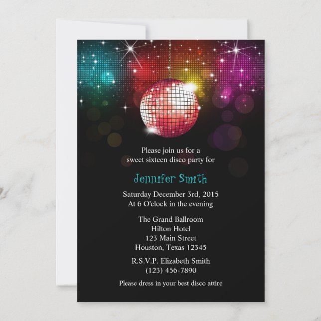 Disco Party Sweet 16 Ball Invitation (Back)