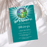 Disco party teal green birthday invitation<br><div class="desc">A girly and feminine 18th (or any age) party invitation. A teal,  green background colour. Decorated with a colourful disco ball. Text: Let's Party! Personalise and add a name and party details. The name is written with a hand lettered style script.</div>