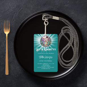 Disco party teal green birthday invitation ID badge
