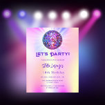 Disco pink holographic budget birthday invitation<br><div class="desc">A girly and feminine 18th (or any age) party invitation. A holographic coloured background in purple, pink, yellow, blue. Decorated with a colourful disco ball. Text: Let's Party! Personalise and add a name and party details. The name is written with a hand lettered style script, purple coloured letters. 1 sheet...</div>