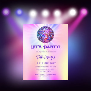 Disco pink holographic budget birthday invitation