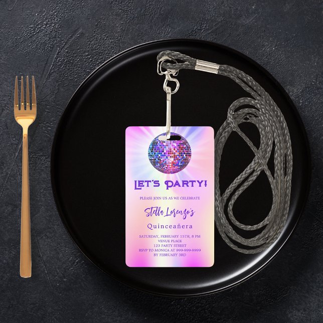 Disco pink holographic Quinceanera invitation ID Badge (Creator Uploaded)