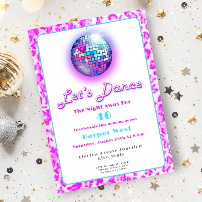 Disco Pink Leopard Print Retro Dance Birthday Invitation (A disco fun invitation for your milestone birthday!)
