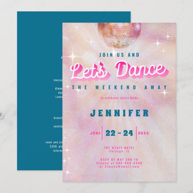 Disco Pink Teal Retro Dance Bachelorette Weekend Invitation (Front/Back)