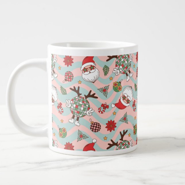 Disco Santa and Reindeer Holiday Pattern Large Coffee Mug (Left)