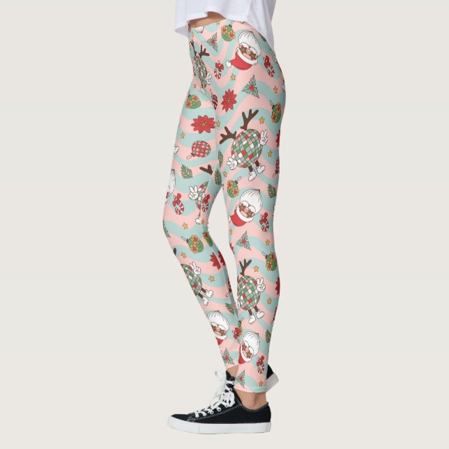 Disco Santa and Reindeer Holiday Pattern Leggings (Left)