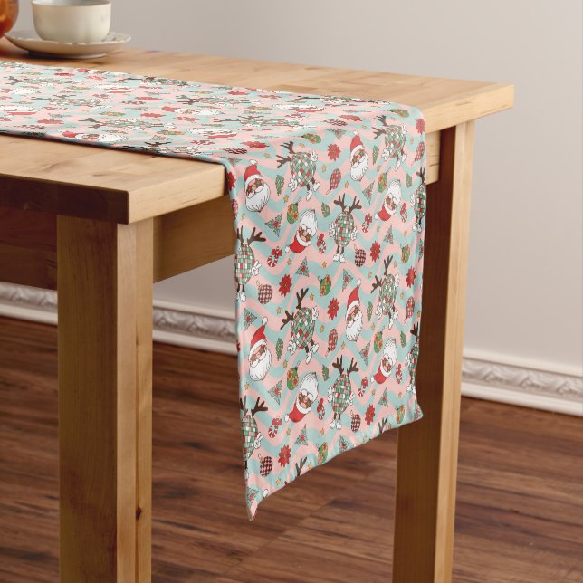 Disco Santa and Reindeer Holiday Pattern Short Table Runner (In Situ)