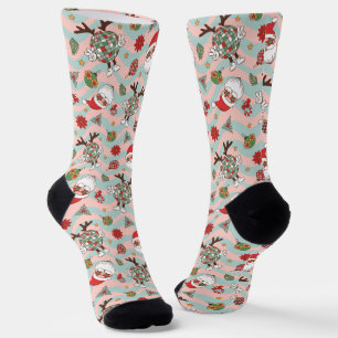 Disco Santa and Reindeer Holiday Pattern Socks