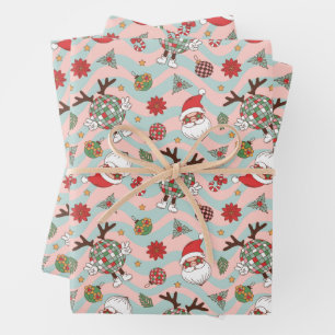 Disco Santa and Reindeer Holiday Pattern Wrapping Paper Sheet