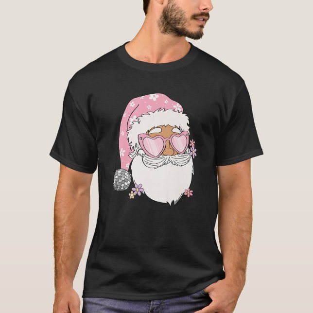 Disco Santa Claus Pink Christmas Pink Santa Floral T-Shirt (Front)