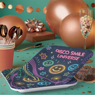 Disco Smile Universe – Funky Neon Celebration Art Paper Plate
