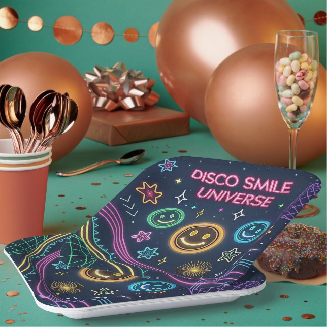 Disco Smile Universe – Funky Neon Celebration Art Paper Plate (Multi)