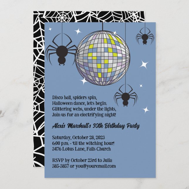Disco Spiders Halloween Blue Retro Costume Party Invitation (Front/Back)