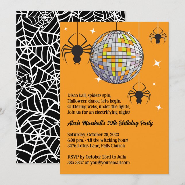 Disco Spiders Halloween Orange Retro Costume Party Invitation (Front/Back)