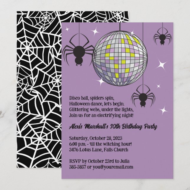Disco Spiders Halloween Purple Retro Costume Party Invitation (Front/Back)