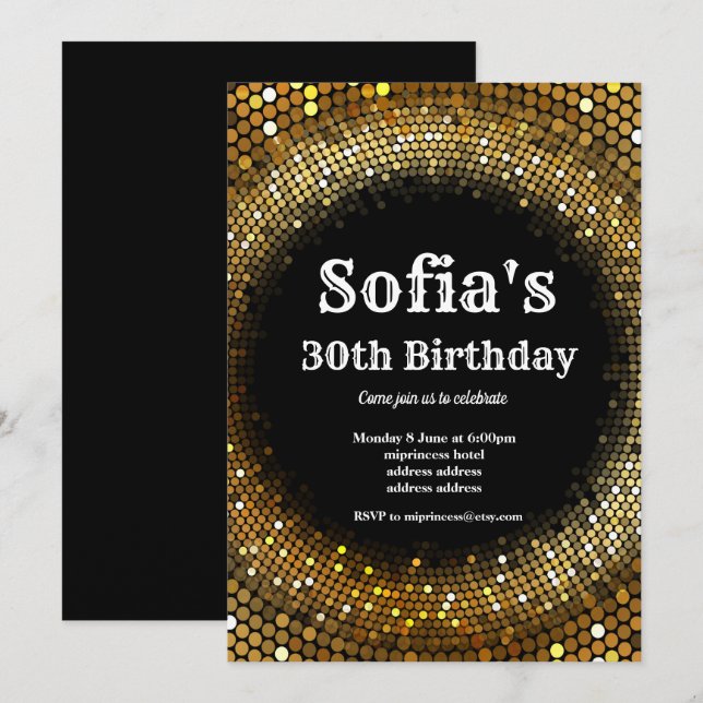Disco theme, gold birthday party invitation (Front/Back)