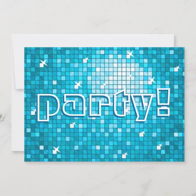 Disco Tiles Blue 'party!' invitation (Front)