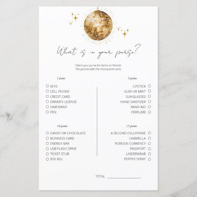 Disco What Is In Your Purse Bridal Shower Game  (Front)