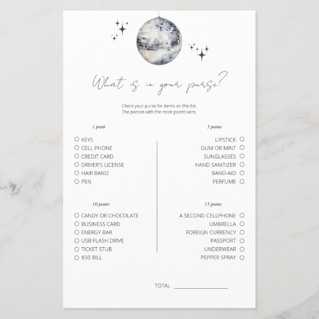 Disco What Is In Your Purse Bridal Shower Game  (Front)