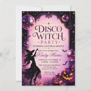 Disco Witch Pumpkins Glitter Birthday Party Invitation