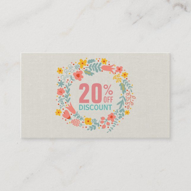 Discount Coupon Card - Elegant Linen Floral Wreath (Front)