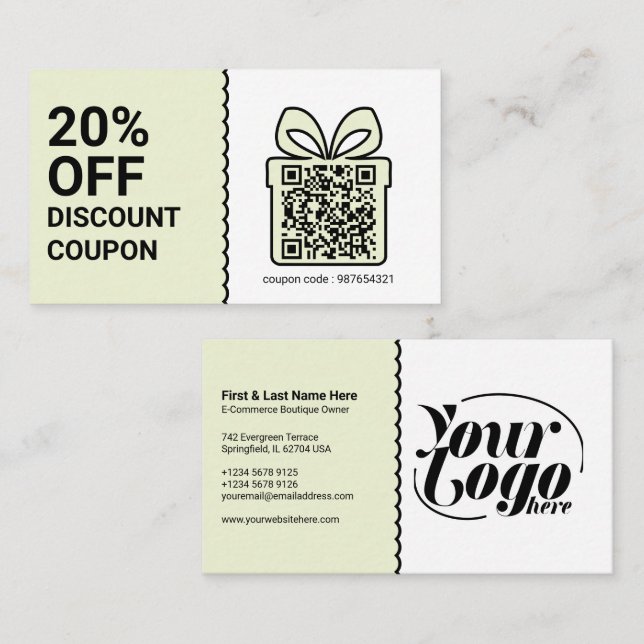 Discount Coupon QR Code green Marketing Business Card (Front/Back)
