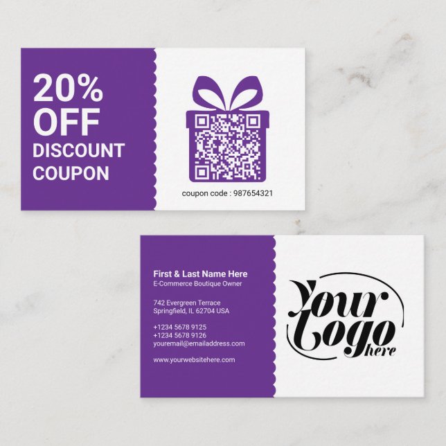 Discount Coupon QR Code purple Marketing Business Card (Front/Back)