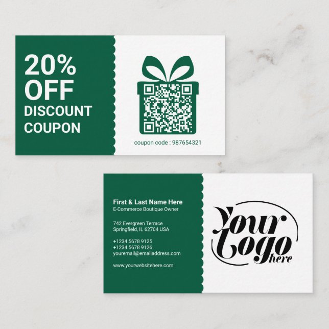 Discount Coupon QR green Marketing Business Card (Front/Back)