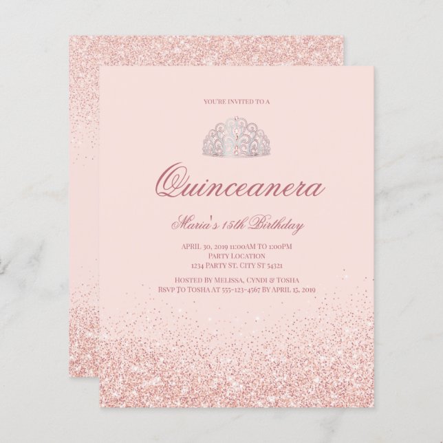 Discount Rose Gold Glitter Quinceanera Invitations (Front/Back)
