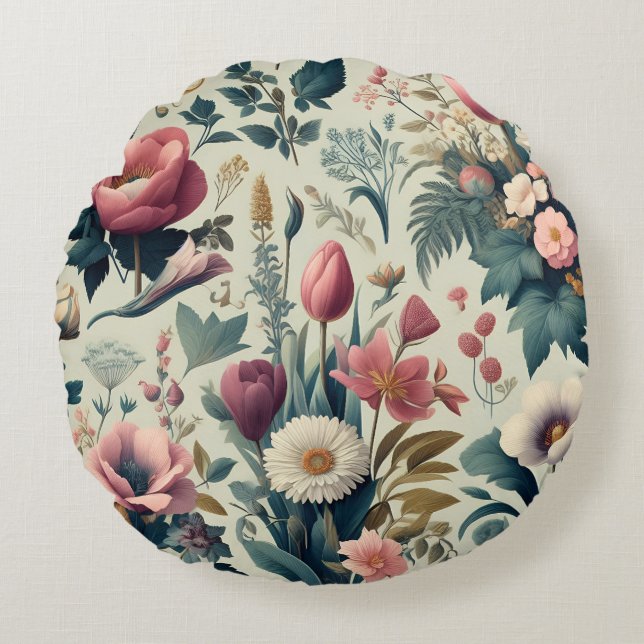 Discover Stunning Spring Floral Botanical Pattern Round Cushion (Front)