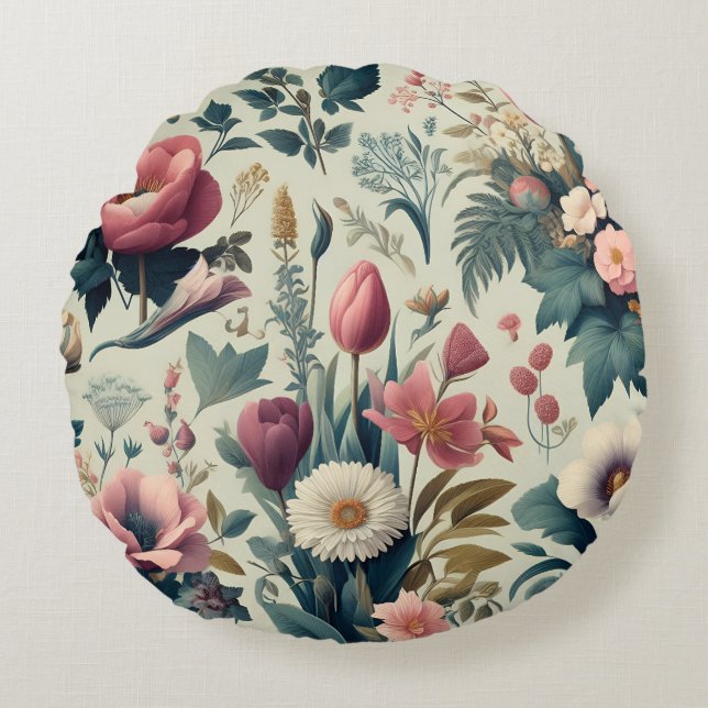 Discover Stunning Spring Floral Botanical Pattern Round Cushion (Front)