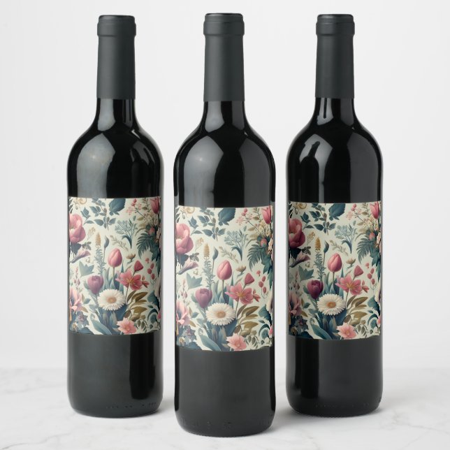 Discover Stunning Spring Floral Botanical Pattern Wine Label (Bottles)