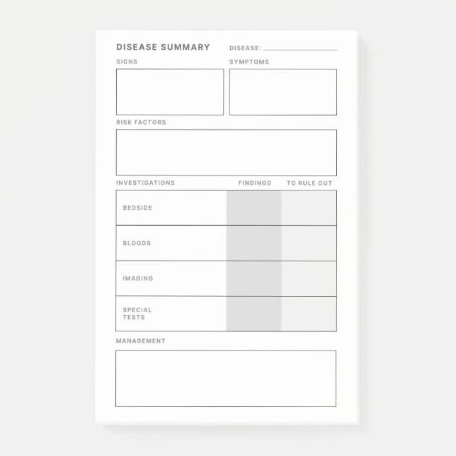 Disease Summary Medical Nursing Student Post-it Notes (Front)