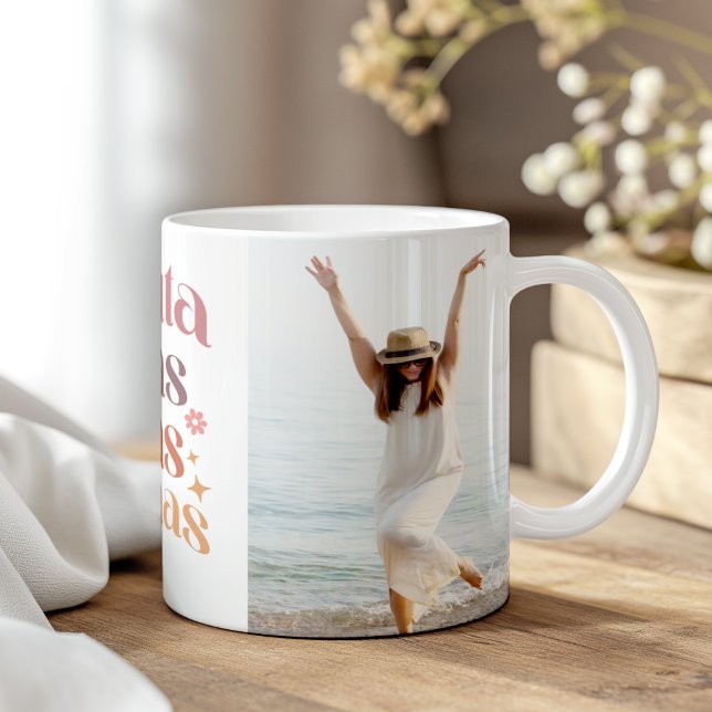 "Disfruta de las casas pequeñas" Custom Photo Coffee Mug ("Disfruta de las casas pequeñas" Custom Photo Coffee Mug on a boho wooden table.)