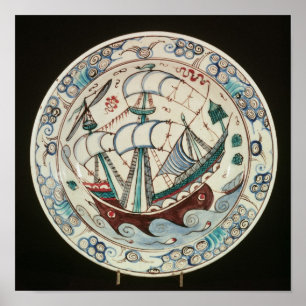 Dish painted with a ship poster