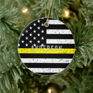 Dispatcher distressed Thin Yellow Line with name Ceramic Tree Decoration
