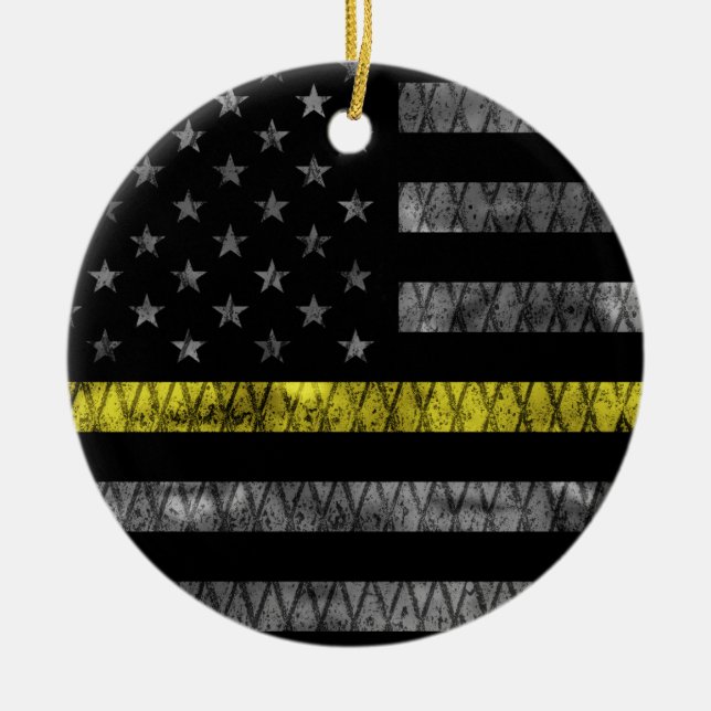 Dispatcher Thin Yellow Line Flag Ceramic Tree Decoration (Front)