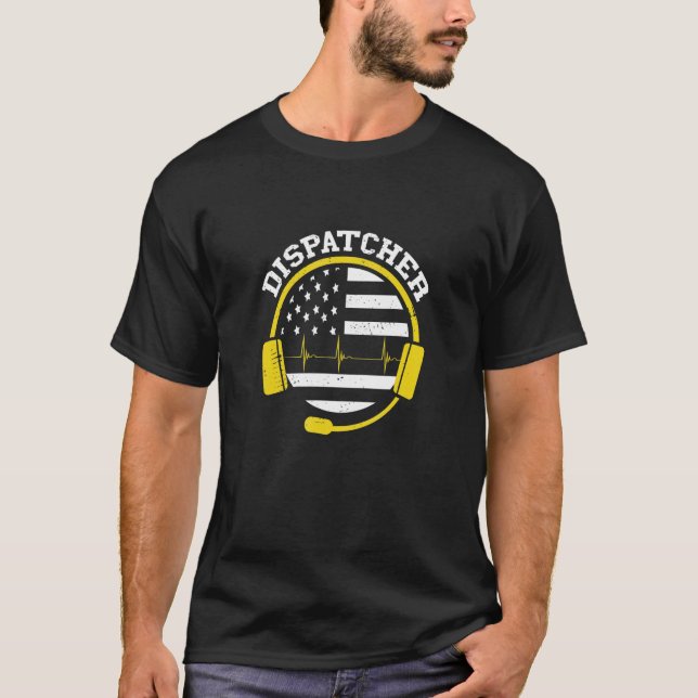 Dispatcher Usa Flag Pulse Line Headset Thin Yellow T-Shirt (Front)