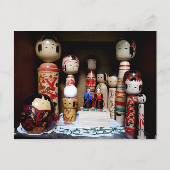 Display of Japanese Kokeshi Dolls Postcard (Front)