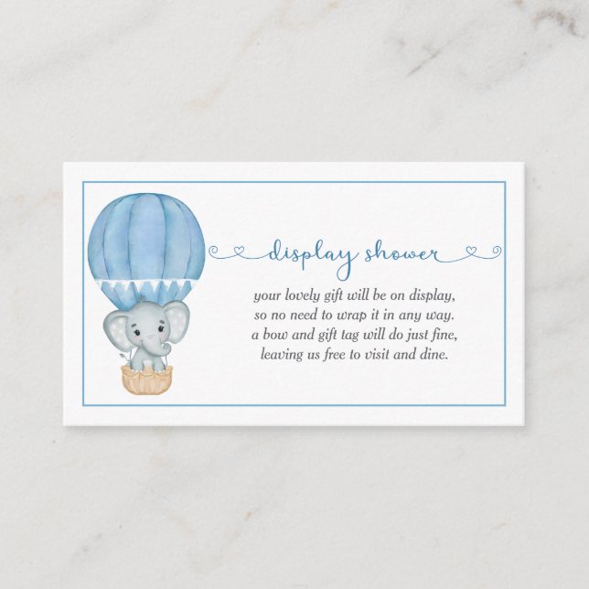 Display Shower Blue Elephant Baby Shower Enclosure Card (Front)