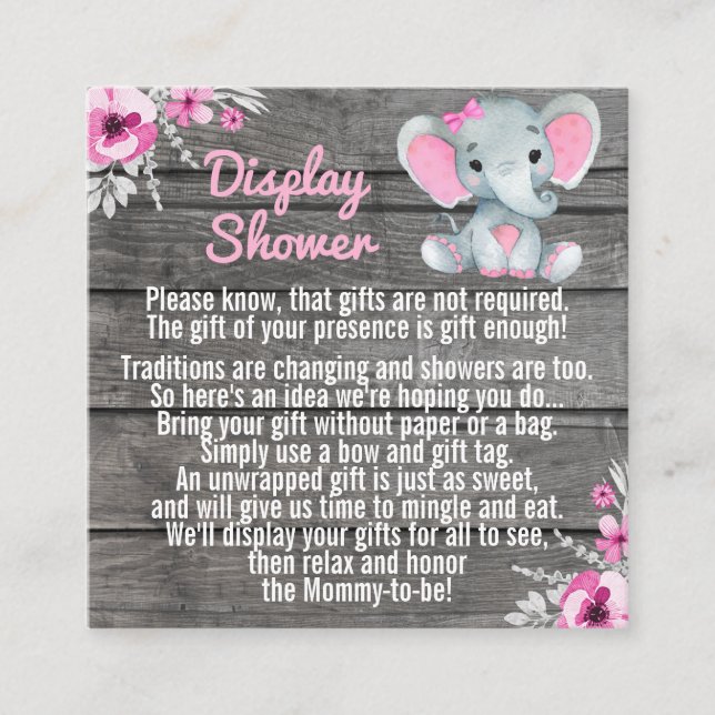 Display shower pink elephant rustic floral square business card (Front)
