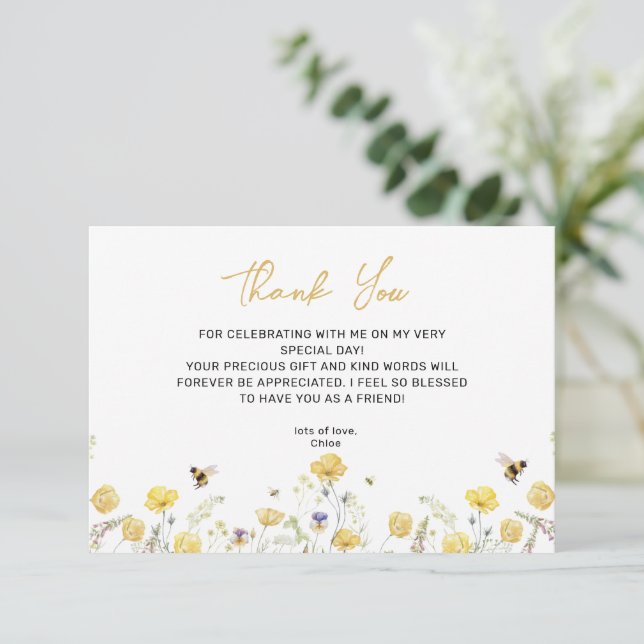 Display Shower Wildflower Floral Honey Bee  Thank You Card (Standing Front)