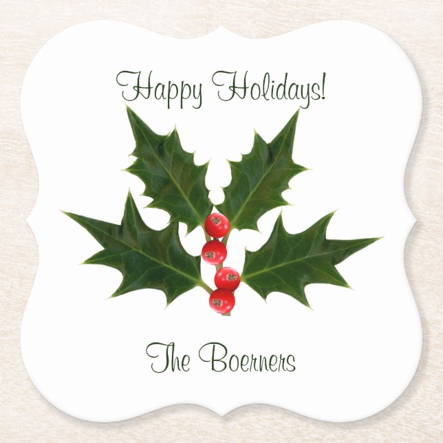 Disposable Happy Holidays Holly Personalised Paper Coaster (Front)