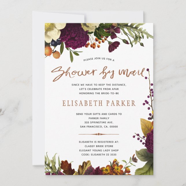 Distance shower burgundy floral shower by mail invitation (Front)